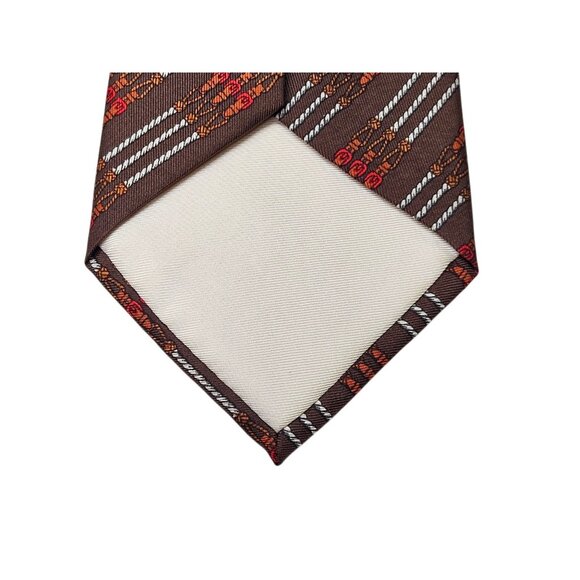 Vintage Hermes Paris Chain Belt Equestrian Silk Neck Tie Necktie Brown 55" - Picture 10 of 12